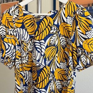 Talbots Yellow and Blue Leaf Print Blouse